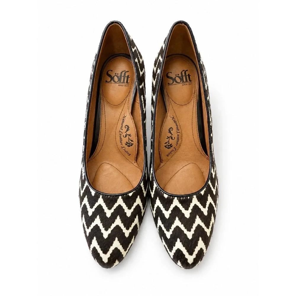 Sofft Chevron Print Calf Hair Leather Heels Pumps Women's Size 6.5M Black White